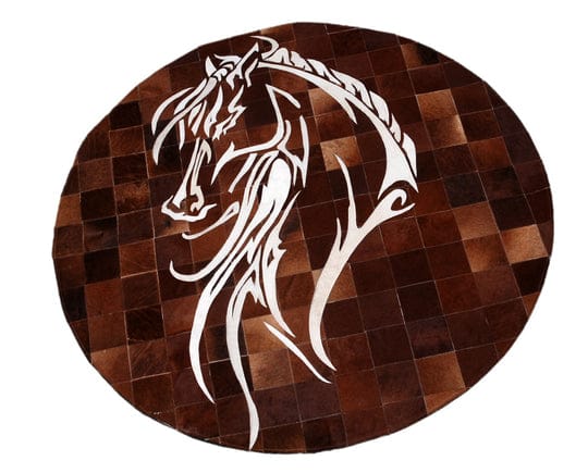HANDMADE COWHIDE RUG WITH NATURAL HAIR ON ROUND D-11 (WITH HORSE PICTURE)